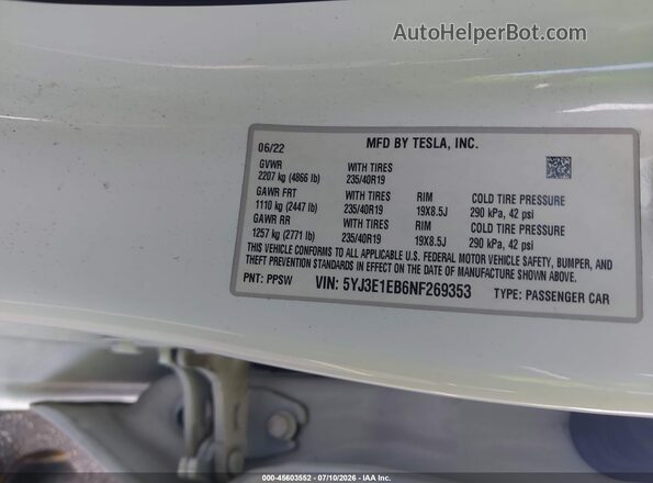 5YJ3E1EB6NF269353 2022 TESLA MODEL 3 White Vista del compartimento del motor
