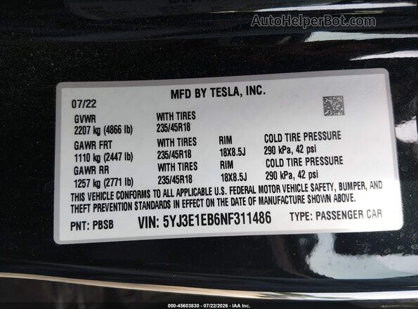 5YJ3E1EB6NF311486 2022 TESLA MODEL 3 Черный Вид подкапотного пространства