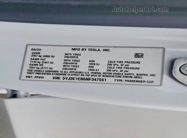 5YJ3E1EB6NF347551 2022 TESLA MODEL White Вид підкапотного простору