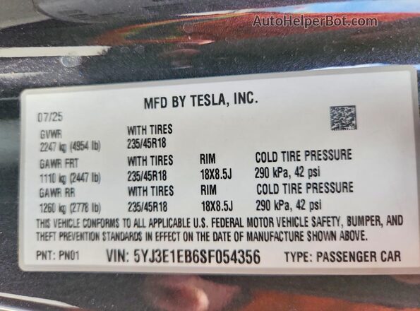 5YJ3E1EB6SF054356 2025 TESLA MODEL Gray Vista de la etiqueta del VIN