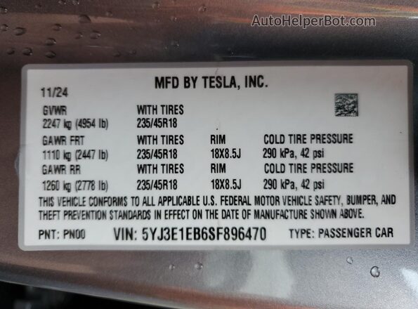 5YJ3E1EB6SF896470 2025 TESLA MODEL Gray VIN sticker view