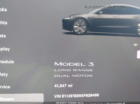 5YJ3E1EB6SF929466 2025 TESLA MODEL 3 Серый Панорамный вид салона 360°