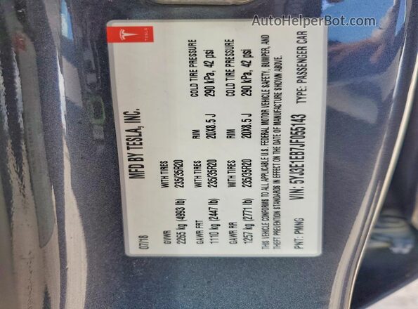 5YJ3E1EB7JF055143 2018 TESLA MODEL Gray VIN sticker view