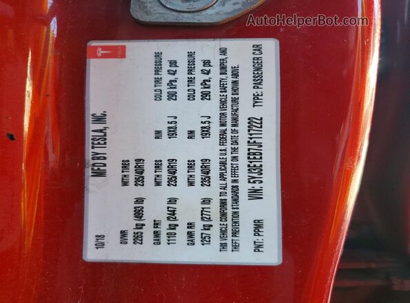 5YJ3E1EB7JF117222 2018 TESLA MODEL Red VIN კოდის სტიკერის ხედი