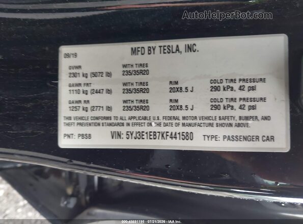 5YJ3E1EB7KF441580 2019 TESLA MODEL 3 Black VIN sticker view
