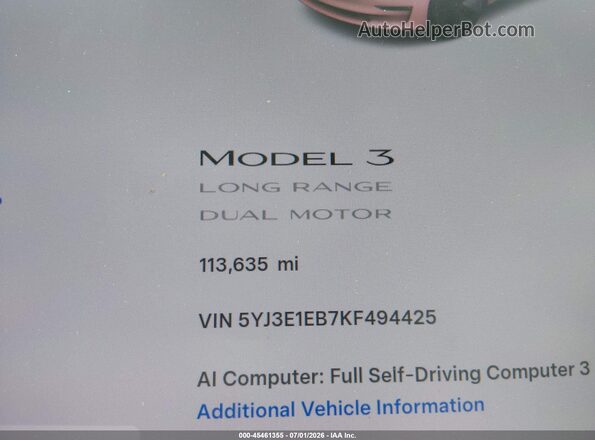 5YJ3E1EB7KF494425 2019 TESLA MODEL 3 White 