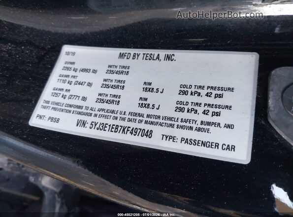 5YJ3E1EB7KF497048 2019 TESLA MODEL 3 Black Շարժիչի բաժամունքի տեսք
