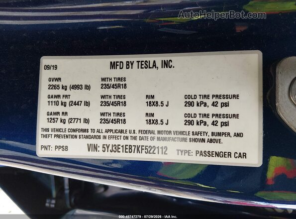 5YJ3E1EB7KF522112 2019 TESLA MODEL 3 Blue Շարժիչի բաժամունքի տեսք