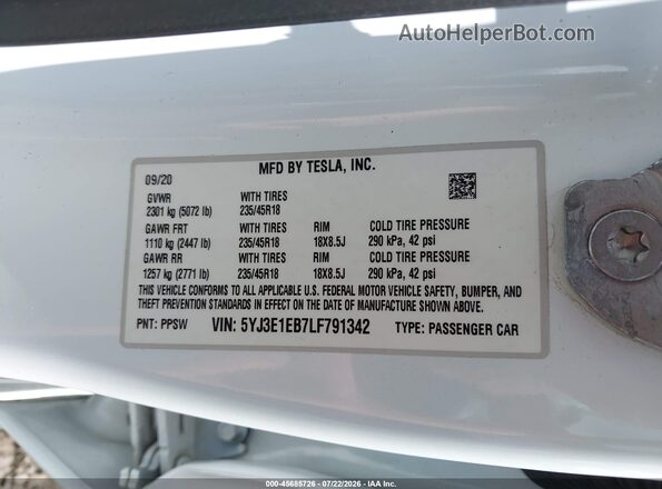 5YJ3E1EB7LF791342 2020 TESLA MODEL 3 Белый Вид подкапотного пространства