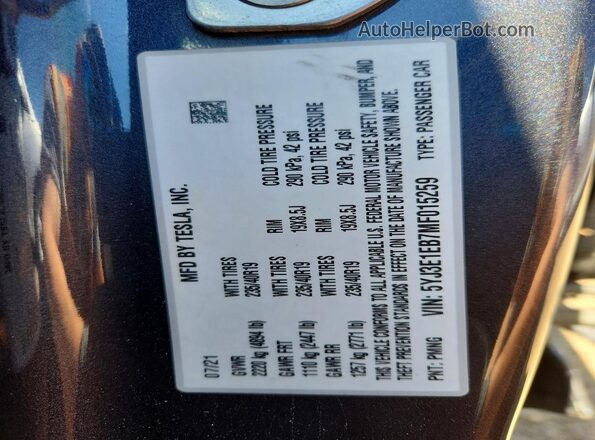 5YJ3E1EB7MF015259 2021 TESLA MODEL Gray Widok komory silnika