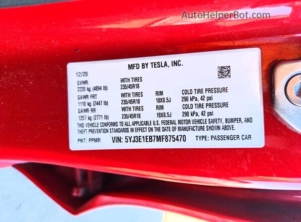5YJ3E1EB7MF875470 2021 TESLA MODEL Red Vista de la etiqueta del VIN
