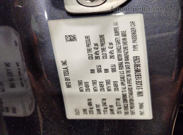 5YJ3E1EB7MF981269 2021 TESLA MODEL Gray Շարժիչի բաժամունքի տեսք