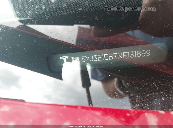 5YJ3E1EB7NF131899 2022 TESLA MODEL 3 Red ძრავის განყოფილების ხედი