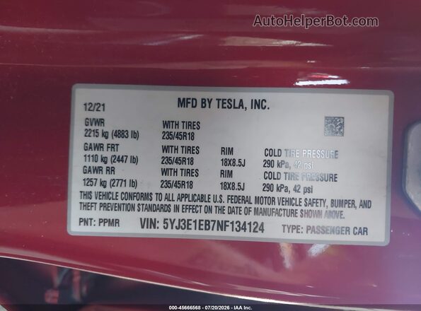 5YJ3E1EB7NF134124 2022 TESLA MODEL 3 Red Widok komory silnika