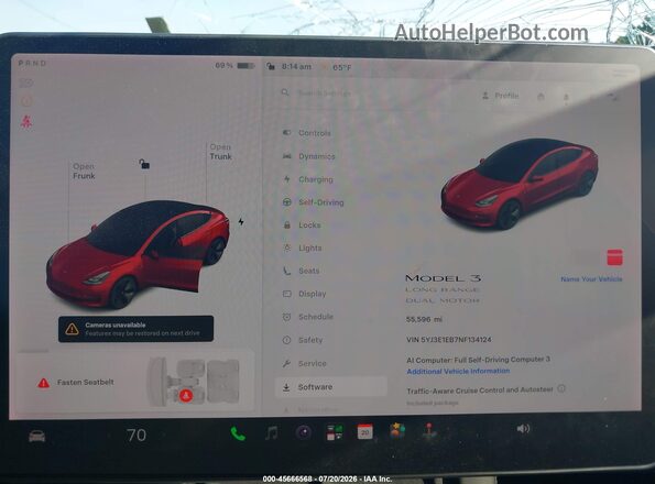 5YJ3E1EB7NF134124 2022 TESLA MODEL 3 Red Widok tylnych siedzeń