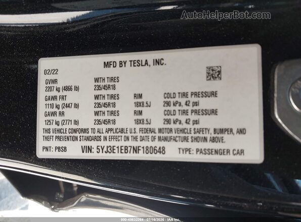 5YJ3E1EB7NF180648 2022 TESLA MODEL 3 Black Widok komory silnika
