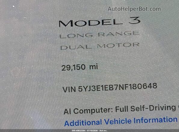 5YJ3E1EB7NF180648 2022 TESLA MODEL 3 Black Widok wnętrza 360 stopni