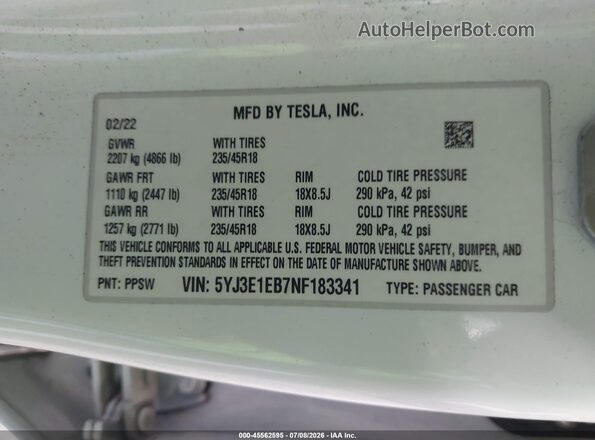 5YJ3E1EB7NF183341 2022 TESLA MODEL 3 Белый Вид подкапотного пространства