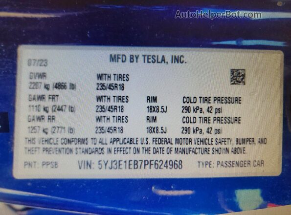 5YJ3E1EB7PF624968 2023 TESLA MODEL Blue Вид наклейки з VIN-кодом