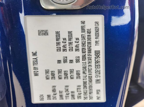 5YJ3E1EB7RF794900 2024 TESLA MODEL Blue Engine compartment view