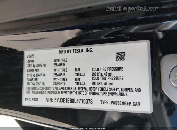 5YJ3E1EB8LF710378 2020 TESLA MODEL 3 Black Շարժիչի բաժամունքի տեսք