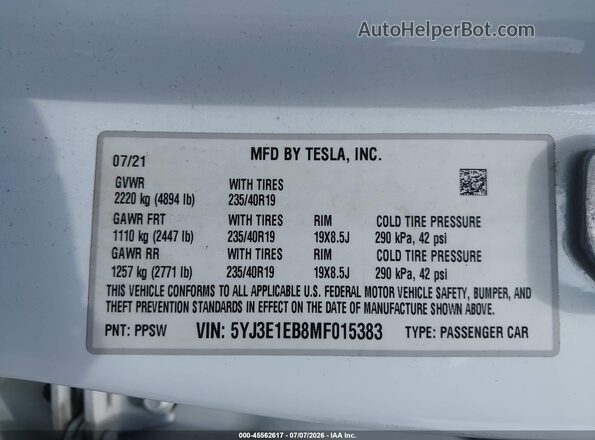 5YJ3E1EB8MF015383 2021 TESLA MODEL 3 White Вид підкапотного простору