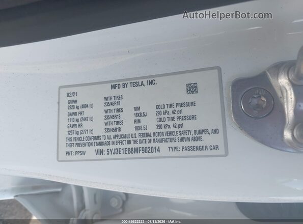 5YJ3E1EB8MF902014 2021 TESLA MODEL 3 White Vista del compartimento del motor