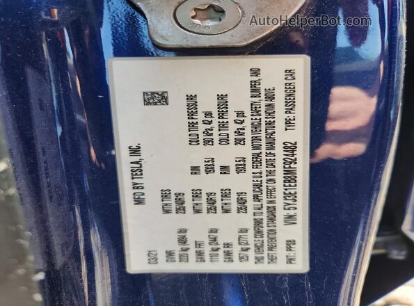 5YJ3E1EB8MF924482 2021 TESLA MODEL Синий Вид подкапотного пространства