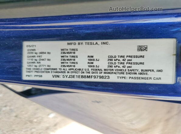 5YJ3E1EB8MF979823 2021 TESLA MODEL Blue Vista de la etiqueta del VIN