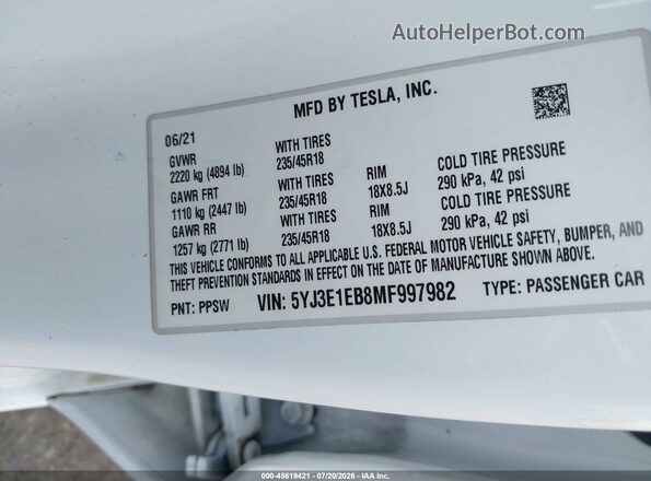 5YJ3E1EB8MF997982 2021 TESLA MODEL 3 White Вид підкапотного простору