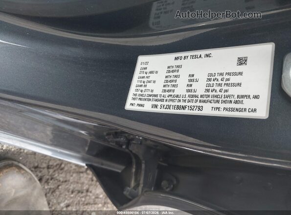 5YJ3E1EB8NF152793 2022 TESLA MODEL 3 Gray Vista del compartimento del motor