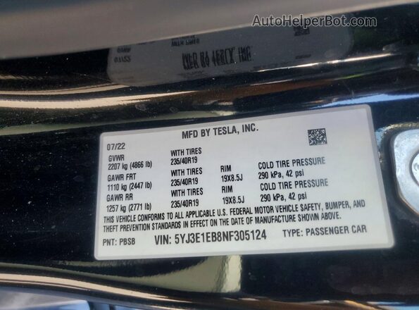 5YJ3E1EB8NF305124 2022 TESLA MODEL Black Widok komory silnika