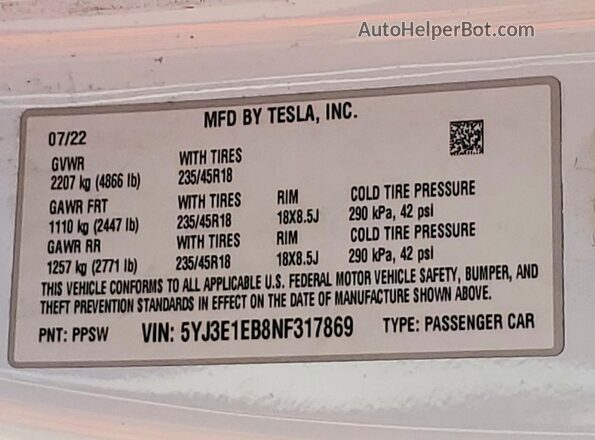 5YJ3E1EB8NF317869 2022 TESLA MODEL White ძრავის განყოფილების ხედი