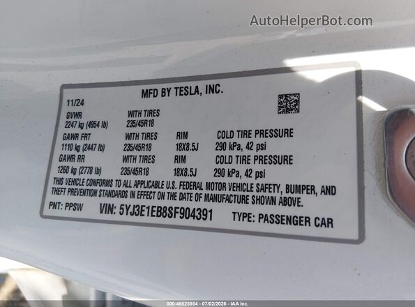 5YJ3E1EB8SF904391 2025 TESLA MODEL 3 Белый Вид подкапотного пространства