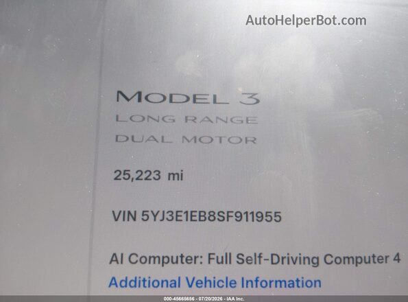 5YJ3E1EB8SF911955 2025 TESLA MODEL 3 White 