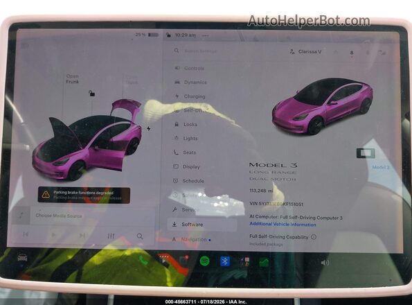 5YJ3E1EB9KF151051 2019 TESLA MODEL 3 White Widok tylnych siedzeń