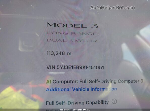 5YJ3E1EB9KF151051 2019 TESLA MODEL 3 White Widok wnętrza 360 stopni