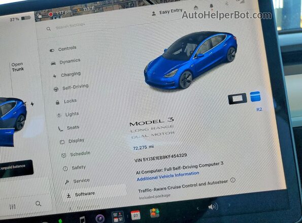 5YJ3E1EB9KF454329 2019 TESLA MODEL Blue ხელსაწყოთა პანელის ხედი