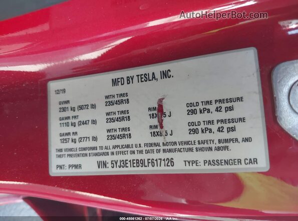 5YJ3E1EB9LF617126 2020 TESLA MODEL 3 Red Widok komory silnika