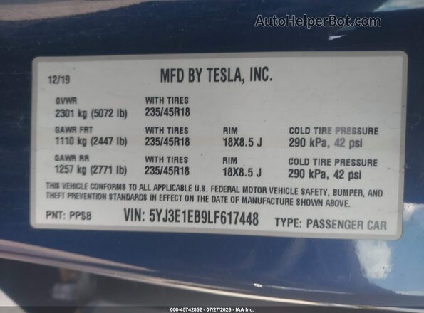 5YJ3E1EB9LF617448 2020 TESLA MODEL 3 Синий Вид подкапотного пространства