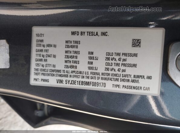 5YJ3E1EB9MF089170 2021 TESLA MODEL 3 Gray Widok komory silnika