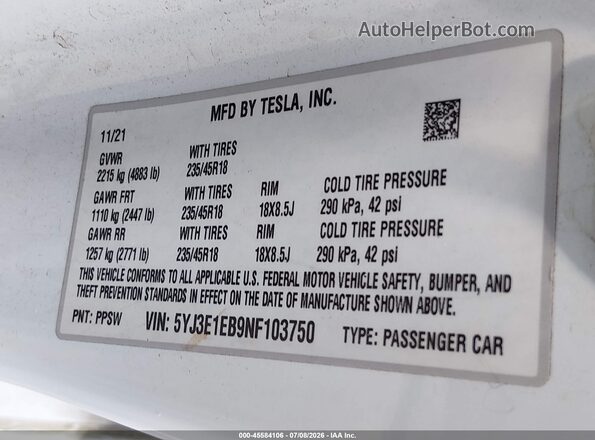 5YJ3E1EB9NF103750 2022 TESLA MODEL 3 White Вид підкапотного простору