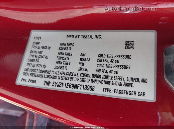 5YJ3E1EB9NF113968 2022 TESLA MODEL 3 Red Շարժիչի բաժամունքի տեսք