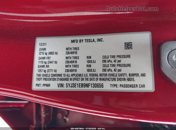 5YJ3E1EB9NF130656 2022 TESLA MODEL 3 Красный Вид подкапотного пространства