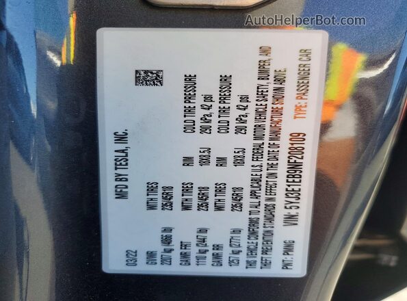 5YJ3E1EB9NF208109 2022 TESLA MODEL Gray VIN sticker view
