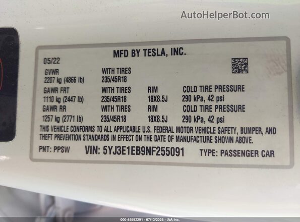 5YJ3E1EB9NF255091 2022 TESLA MODEL 3 White Вид підкапотного простору