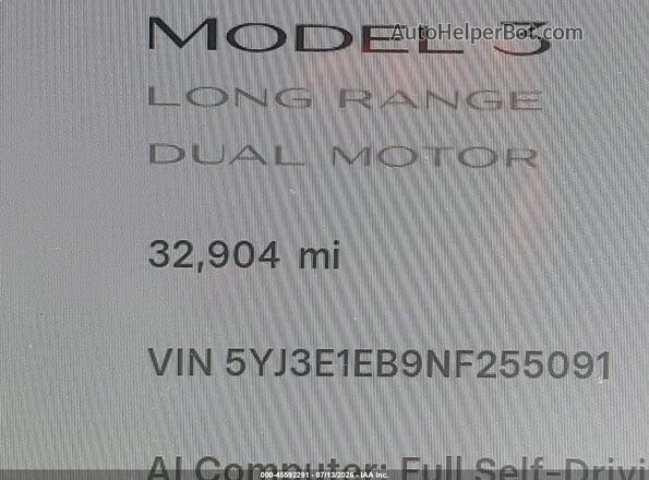 5YJ3E1EB9NF255091 2022 TESLA MODEL 3 White 