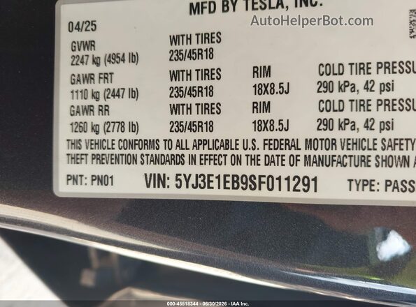 5YJ3E1EB9SF011291 2025 TESLA MODEL 3 Gray Vista del compartimento del motor