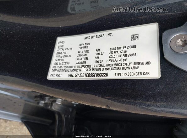 5YJ3E1EB9SF053220 2025 TESLA MODEL 3 Gray Vista del compartimento del motor
