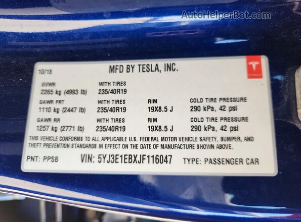 5YJ3E1EBXJF116047 2018 TESLA MODEL Blue Engine compartment view